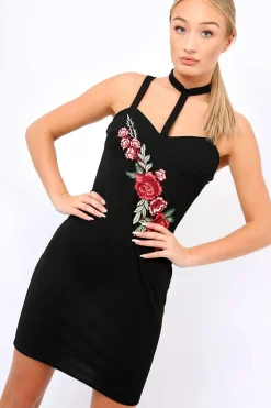 Rebellious Fashion Black Floral Embroidered Choker Dress - Fawn