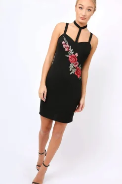Rebellious Fashion Black Floral Embroidered Choker Dress - Fawn