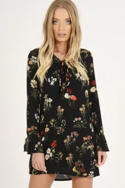 Rebellious Fashion Black Floral Flared Sleeve Dress - Aisha