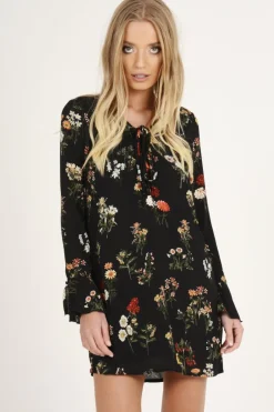 Rebellious Fashion Black Floral Flared Sleeve Dress - Aisha