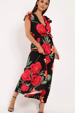 Rebellious Fashion Black Floral Frill Sleeve Maxi Dress - Persia