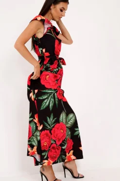 Rebellious Fashion Black Floral Frill Sleeve Maxi Dress - Persia