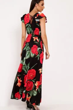 Rebellious Fashion Black Floral Frill Sleeve Maxi Dress - Persia