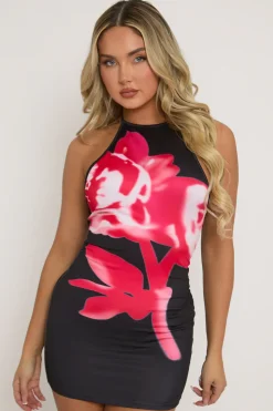 Rebellious Fashion Black Floral Halter Neck Mini Dress - Cynthia