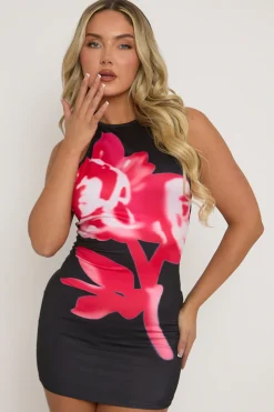 Rebellious Fashion Black Floral Halter Neck Mini Dress - Cynthia