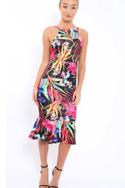 Rebellious Fashion Black Floral Midi Dress with Frill Detail - Kyrstin