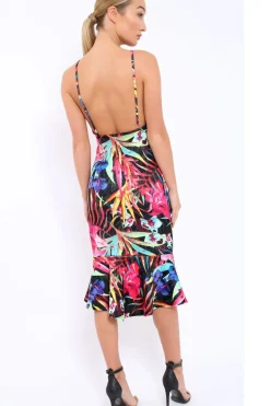 Rebellious Fashion Black Floral Midi Dress with Frill Detail - Kyrstin