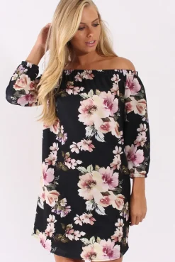 Rebellious Fashion Black Floral Print Bardot Dress - Cammi