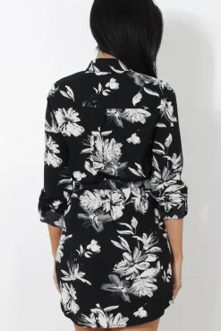 Rebellious Fashion Black Floral Print Shirt Dress - CLAIR