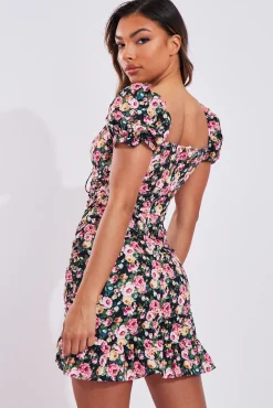 Rebellious Fashion Black Floral Ruched Front Mini Dress - Caitlyn