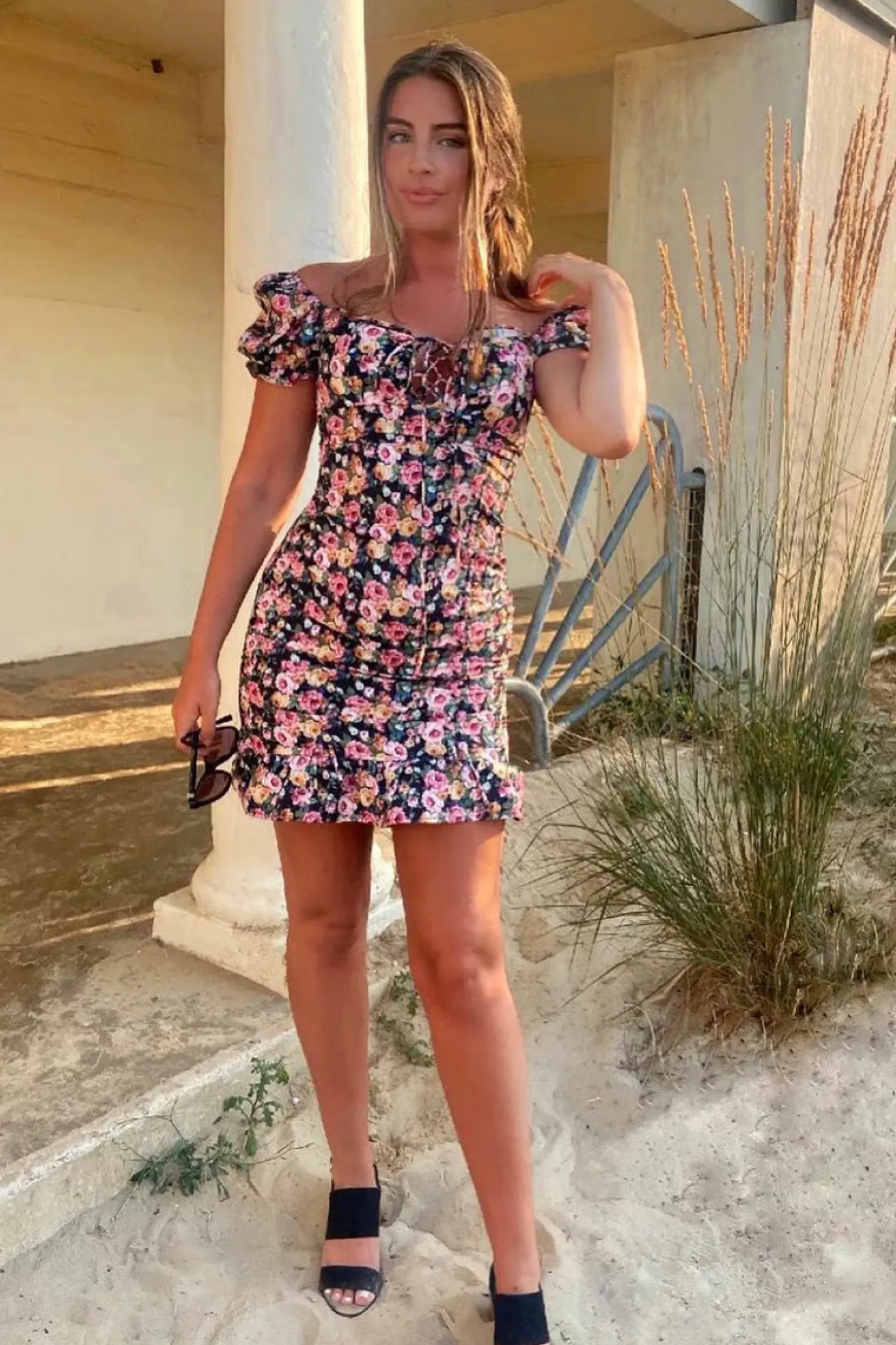 Rebellious Fashion Black Floral Ruched Front Mini Dress - Caitlyn