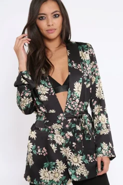 Rebellious Fashion Black Floral Satin Blazer Dress - Erica
