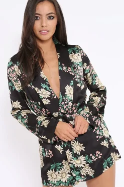 Rebellious Fashion Black Floral Satin Blazer Dress - Erica
