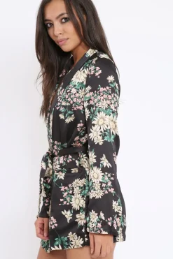 Rebellious Fashion Black Floral Satin Blazer Dress - Erica