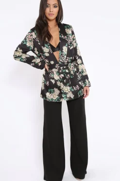 Rebellious Fashion Black Floral Satin Blazer Dress - Erica