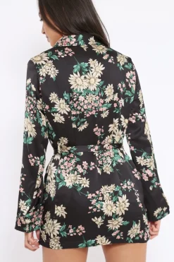 Rebellious Fashion Black Floral Satin Blazer Dress - Erica