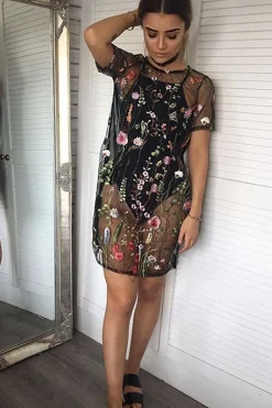 Rebellious Fashion Black Floral Sheer Shift Dress - Crystal