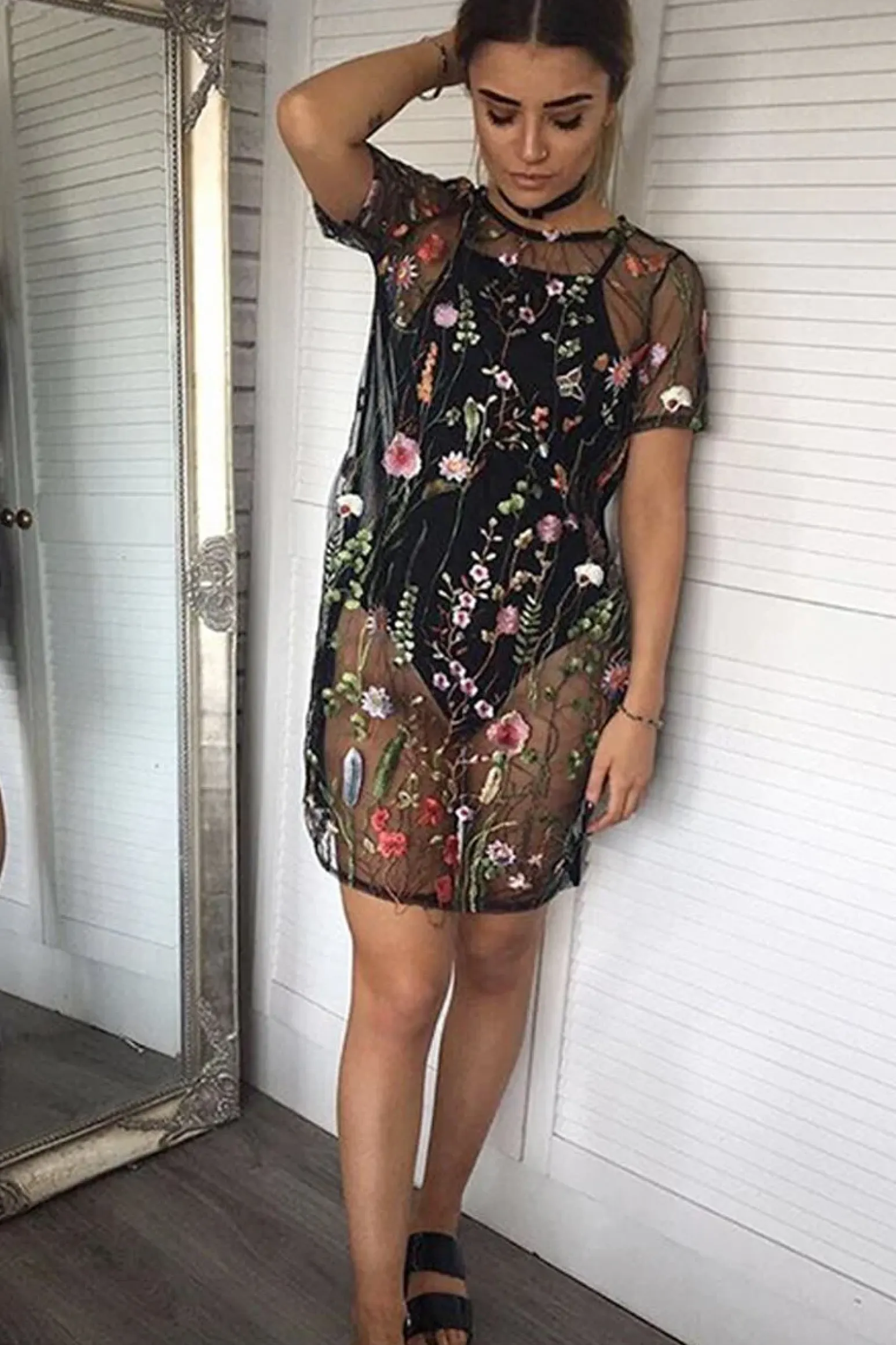 Rebellious Fashion Black Floral Sheer Shift Dress - Crystal