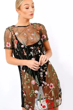 Rebellious Fashion Black Floral Sheer Shift Dress - Crystal
