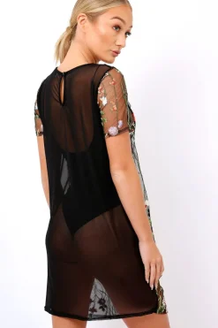 Rebellious Fashion Black Floral Sheer Shift Dress - Crystal