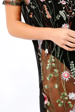 Rebellious Fashion Black Floral Sheer Shift Dress - Crystal