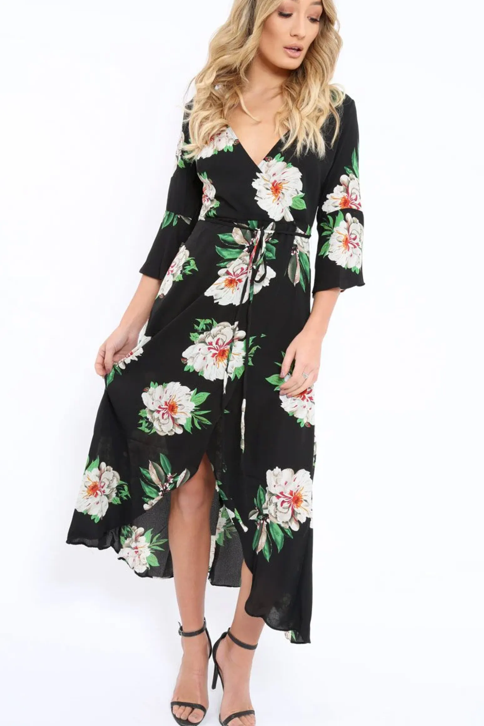 Rebellious Fashion Black Floral Wrap Dress - Adley