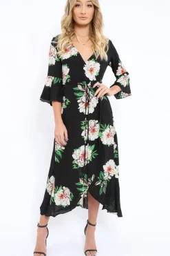 Rebellious Fashion Black Floral Wrap Dress - Adley