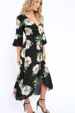 Rebellious Fashion Black Floral Wrap Dress - Adley