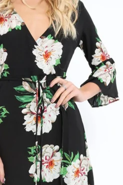 Rebellious Fashion Black Floral Wrap Dress - Adley