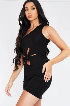 Rebellious Fashion Black Flower Cut Out One Sleeve Mini Dress - Hope