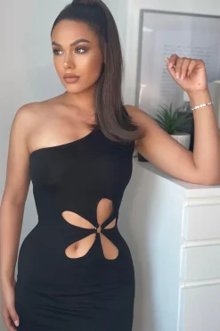 Rebellious Fashion Black Flower Cut Out One Sleeve Mini Dress - Hope