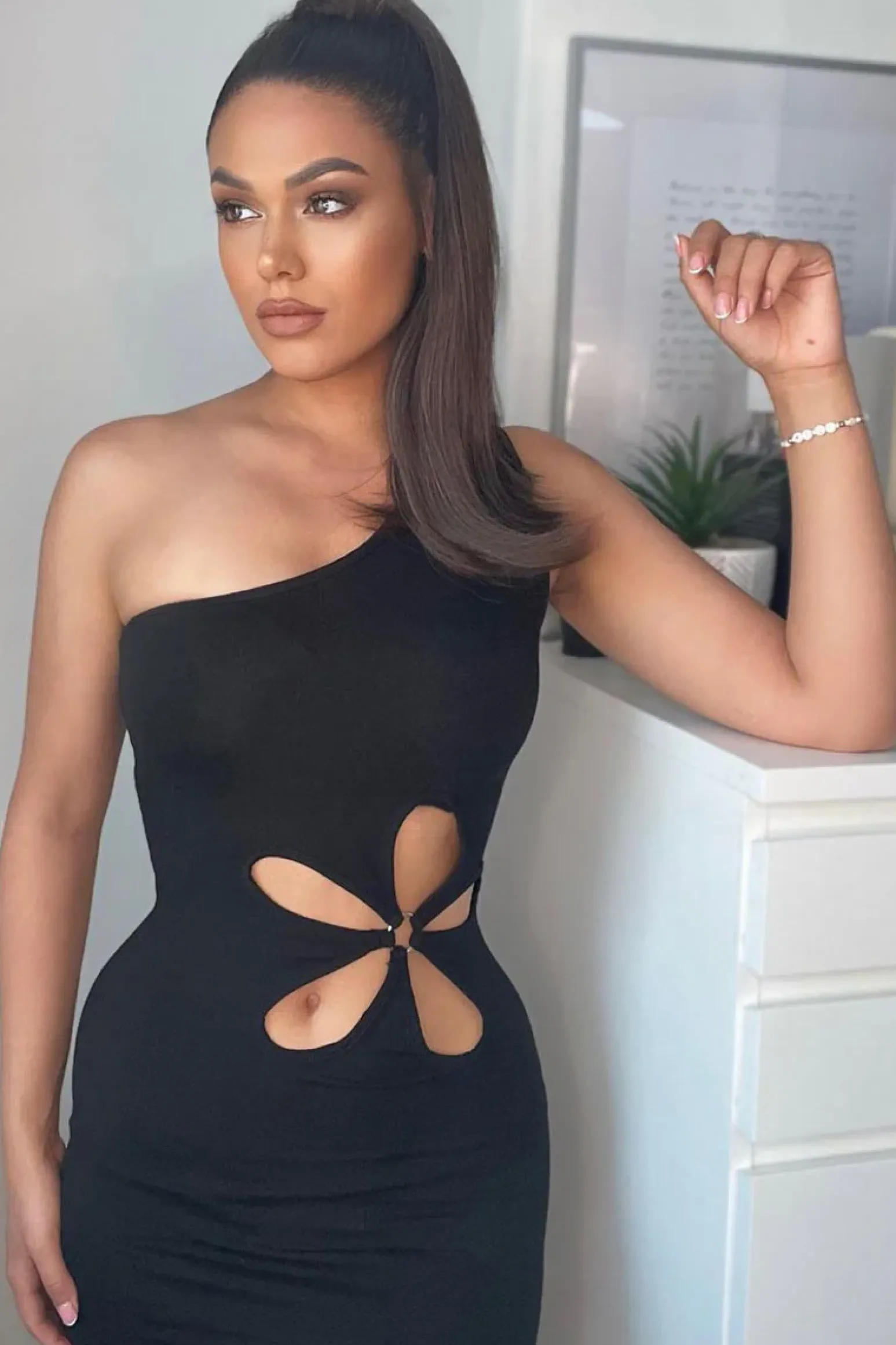 Rebellious Fashion Black Flower Cut Out One Sleeve Mini Dress - Hope