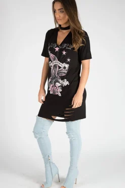 Rebellious Fashion Black Flying Angel Cut Out Distressed T Shirt Dress - Amber