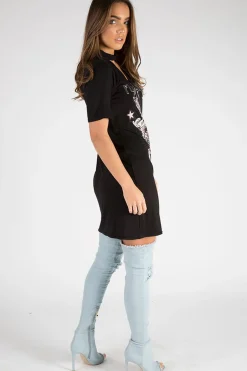 Rebellious Fashion Black Flying Angel Cut Out Distressed T Shirt Dress - Amber