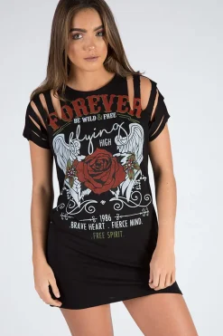Rebellious Fashion Black Forever Flying High Distressed T-Shirt Dress - Reiley