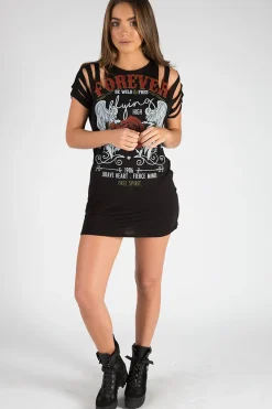 Rebellious Fashion Black Forever Flying High Distressed T-Shirt Dress - Reiley