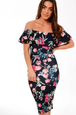 Rebellious Fashion Black Frill Bardot Floral Midi Dress - Joanne