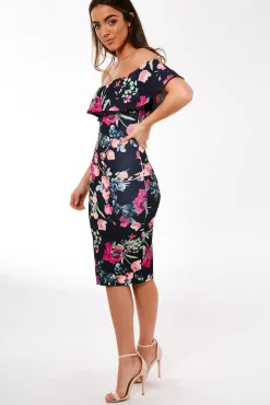 Rebellious Fashion Black Frill Bardot Floral Midi Dress - Joanne
