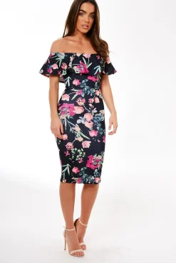 Rebellious Fashion Black Frill Bardot Floral Midi Dress - Joanne