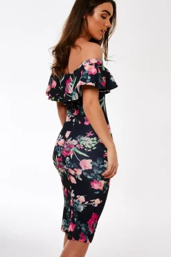 Rebellious Fashion Black Frill Bardot Floral Midi Dress - Joanne