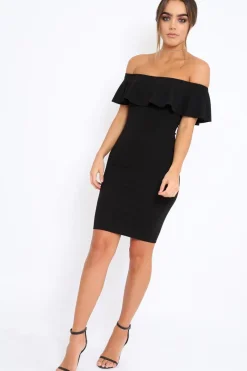 Rebellious Fashion Black Frill Bardot Midi Dress - Bridget