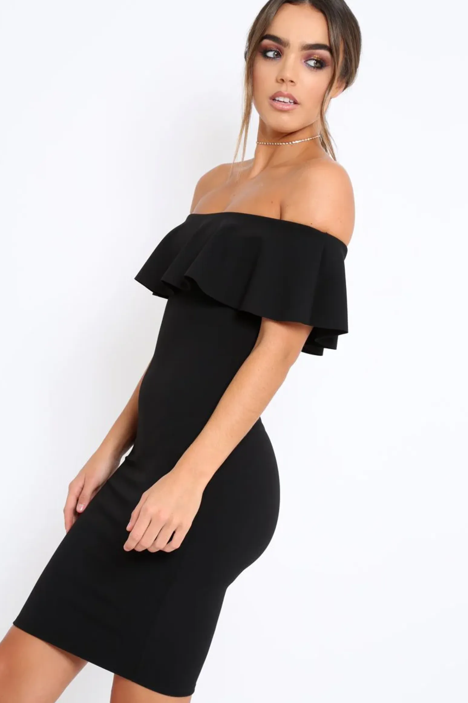 Rebellious Fashion Black Frill Bardot Midi Dress - Bridget