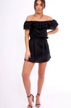 Rebellious Fashion Black Frill Bardot Tie Waist Shirt Dress - Ally