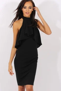 Rebellious Fashion Black Frill Choker Midi Dress - Angela