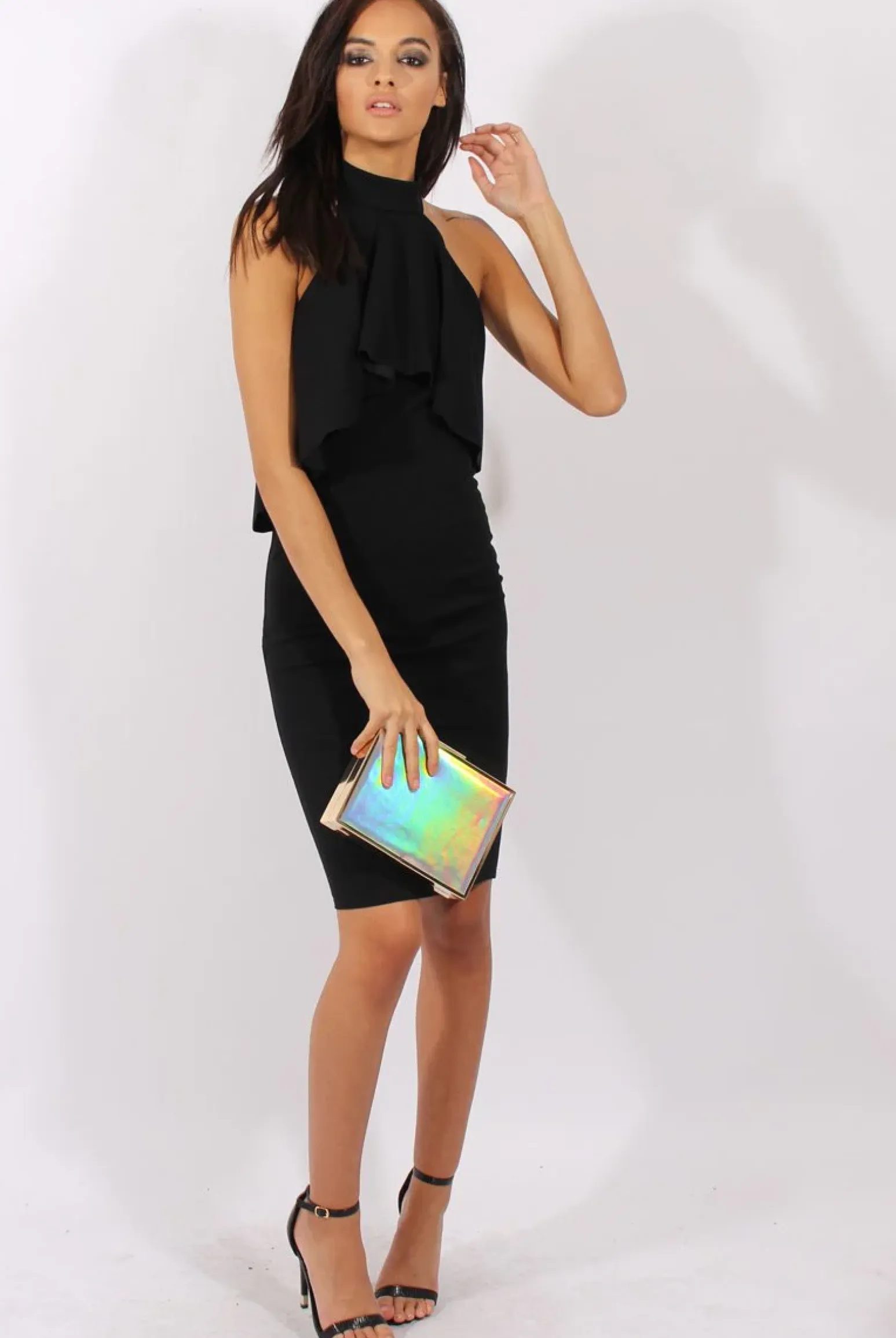 Rebellious Fashion Black Frill Choker Midi Dress - Angela