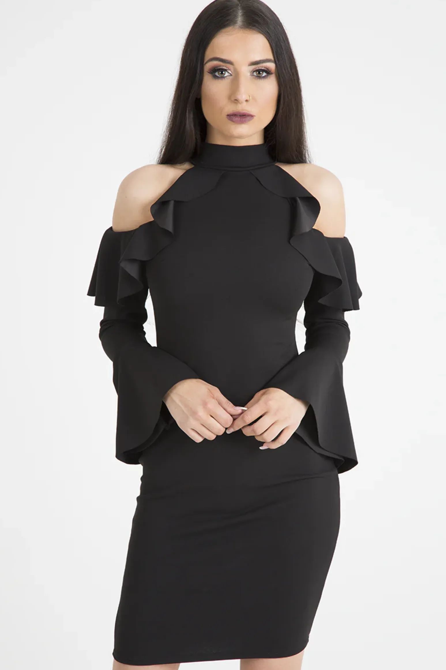 Rebellious Fashion Black Frill Detail Cold Shoulder Dress - Bonnie