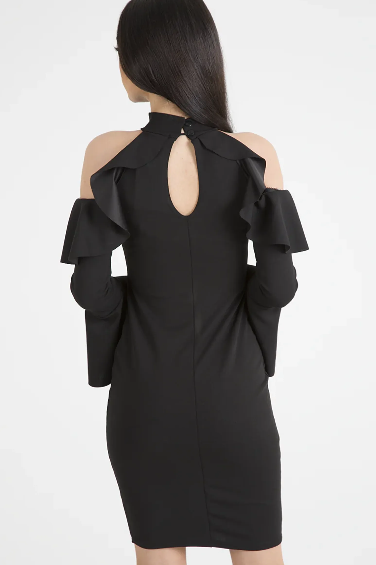 Rebellious Fashion Black Frill Detail Cold Shoulder Dress - Bonnie