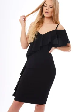 Rebellious Fashion Black Frill Detail Strappy Bodycon Midi Dress - Sallie