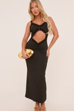 Rebellious Fashion Black Frill Trim Cut Out Front Maxi Dress - Thianna