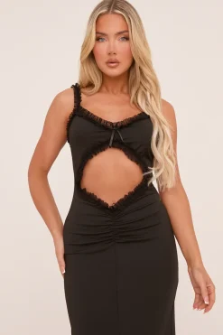 Rebellious Fashion Black Frill Trim Cut Out Front Maxi Dress - Thianna